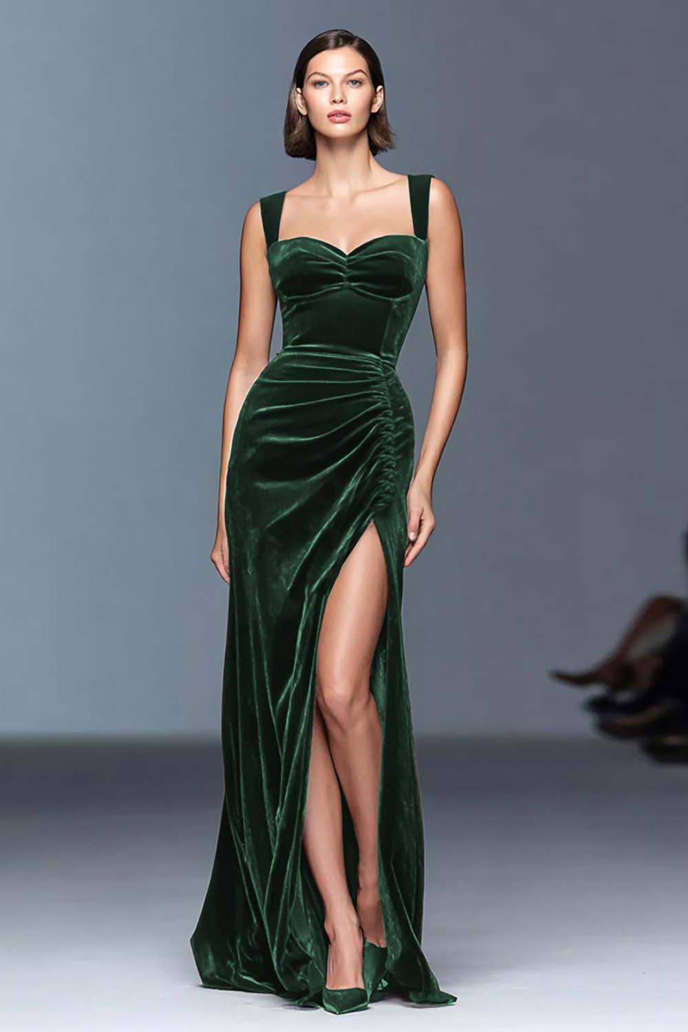 Burgundy Velvet Sheath Ruched Long Holiday Party Dress with Slit