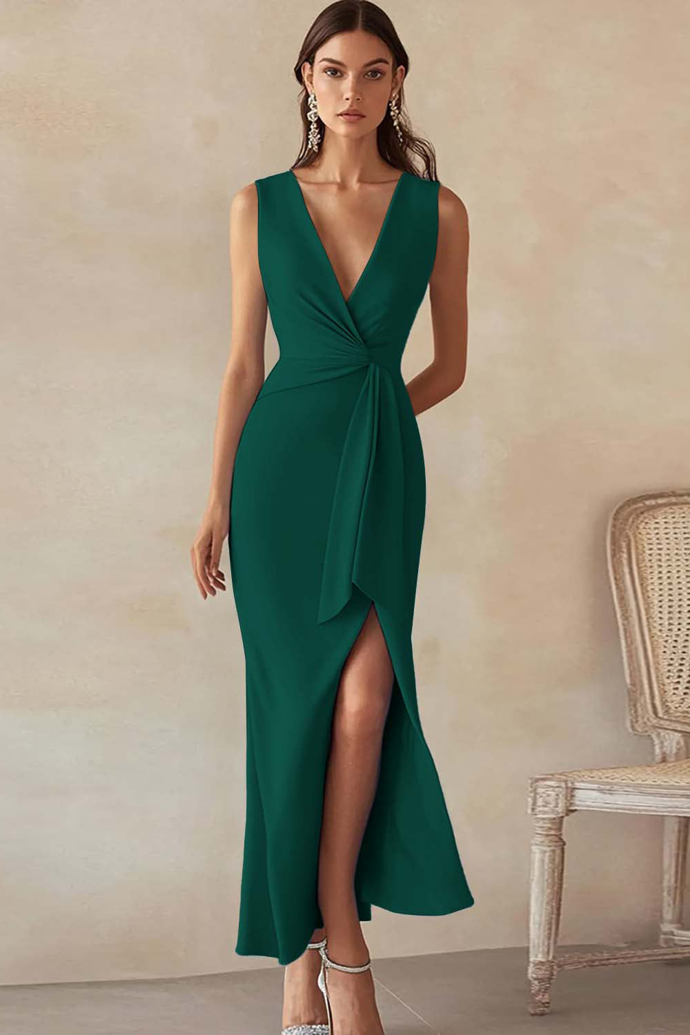 Sky Blue Satin Sheath Deep V-Neck Long Work Dress with Slit