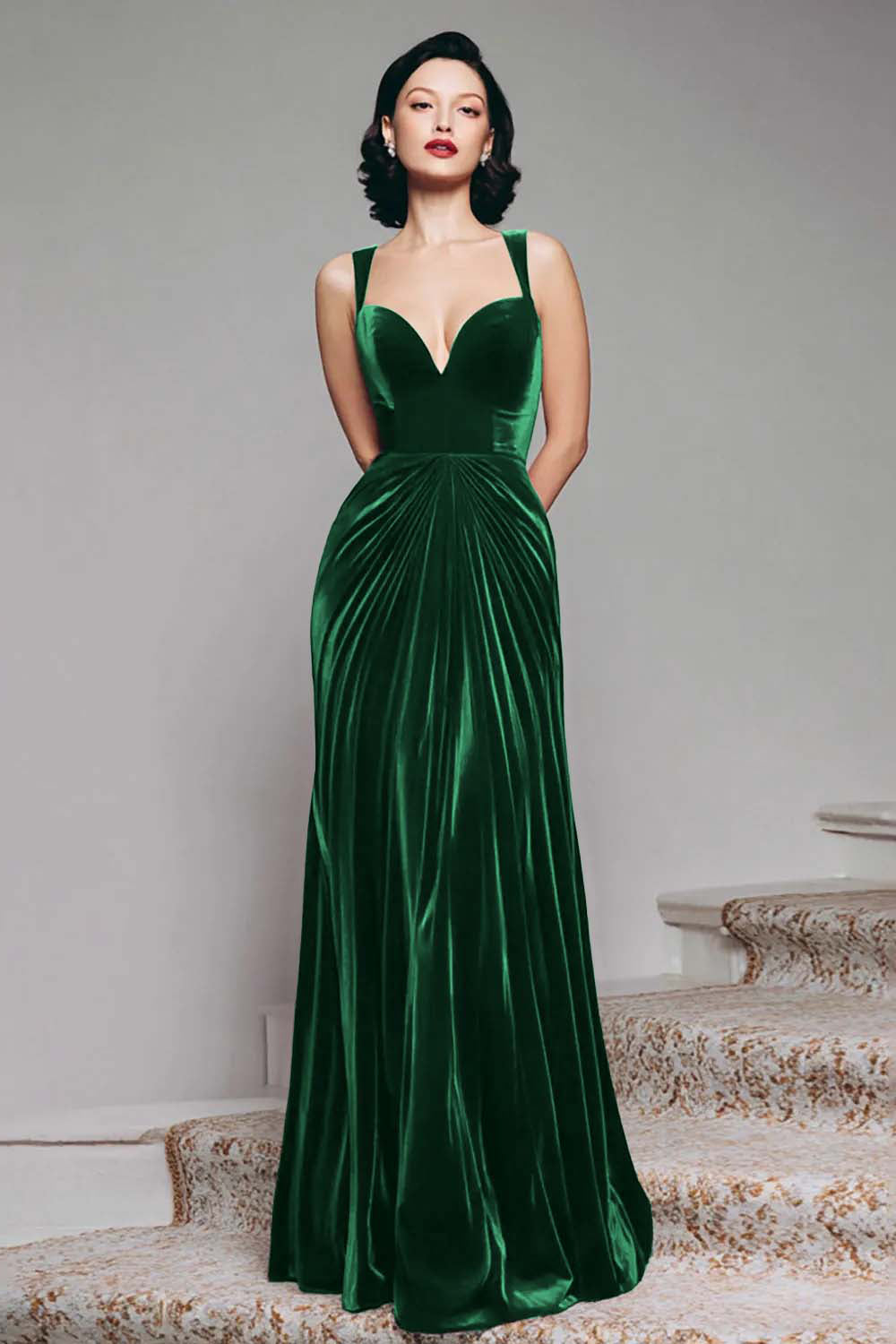 Burgundy Velvet Mermaid Thick Straps Ruched Long Holiday Party Dress