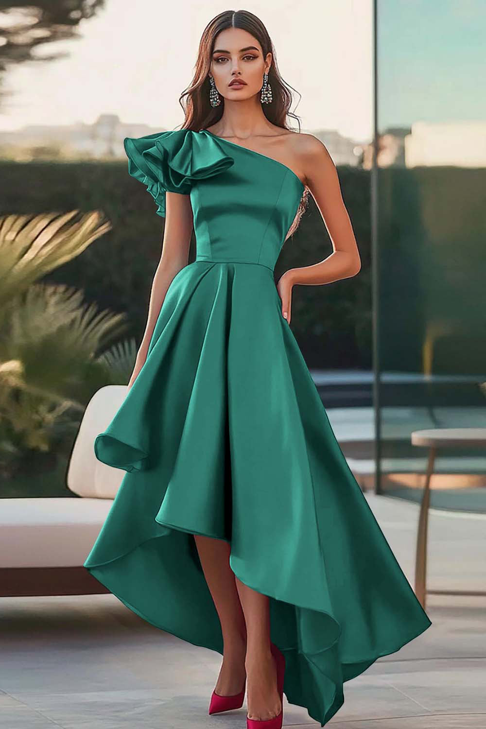 Fuchsia A Line One Shoulder Satin Long Formal Dress