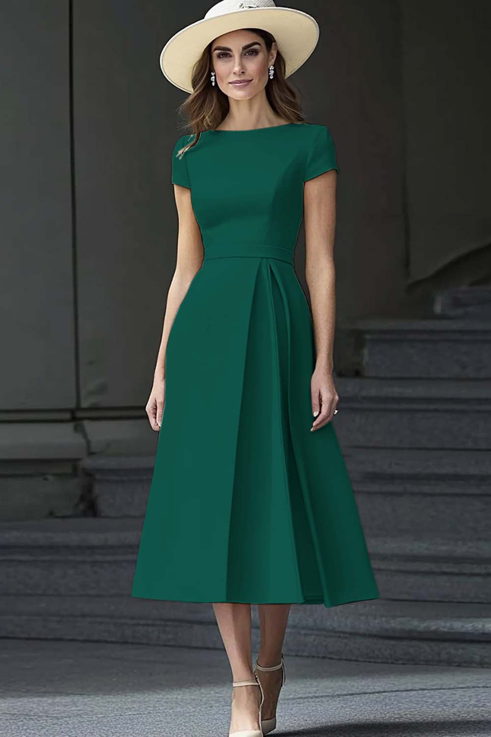 Daffodil A Line Satin Bateau Neck Midi Work Dress with Sleeves