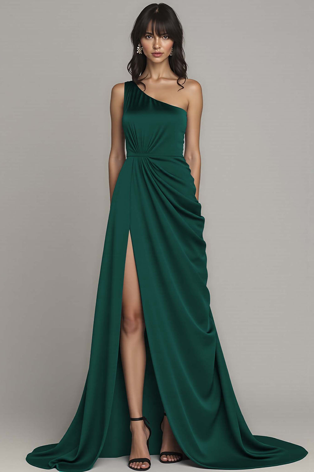 Black Satin One Shoulder A Line Long Formal Dress with Slit