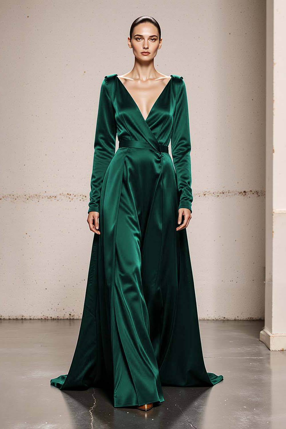 Peacock Green V-Neck Satin A Line Long Formal Dress with Sleeves