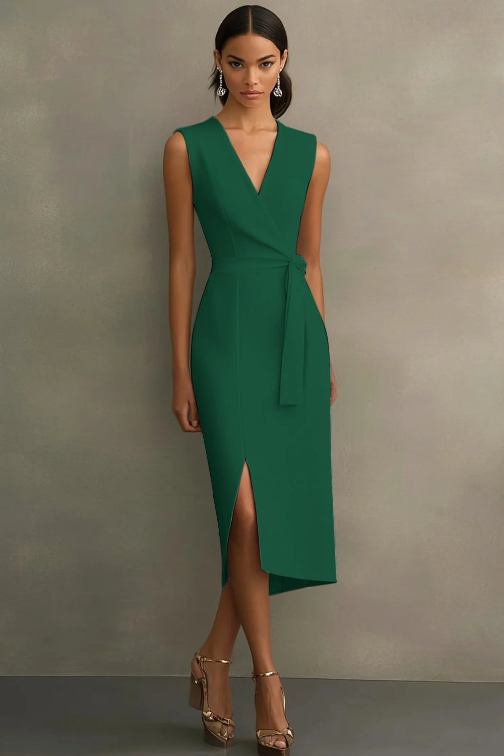 White V-Neck Sleeveless Satin Midi Formal Dress with Slit