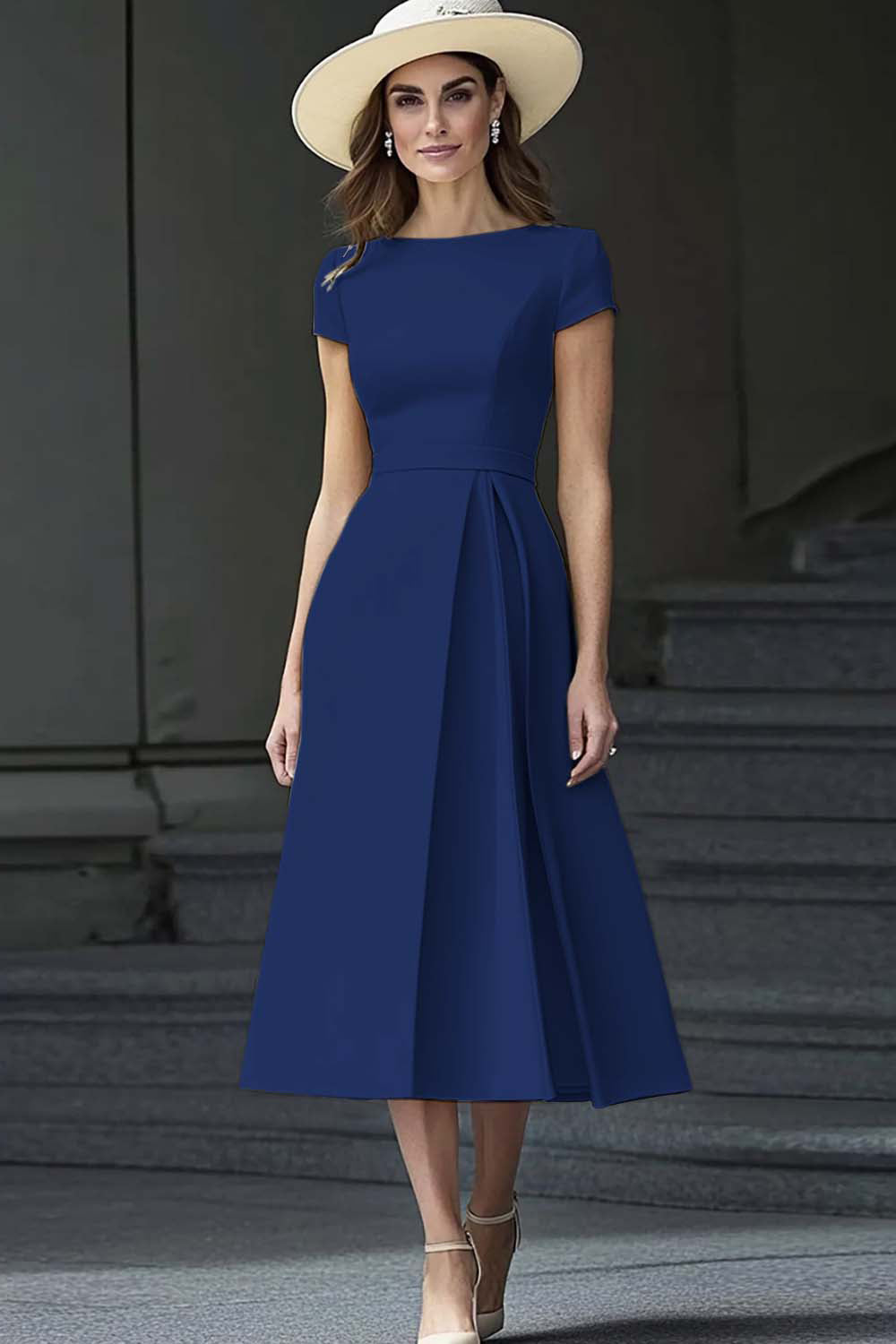Daffodil Satin Bateau Neck A Line Midi Work Dress with Sleeves
