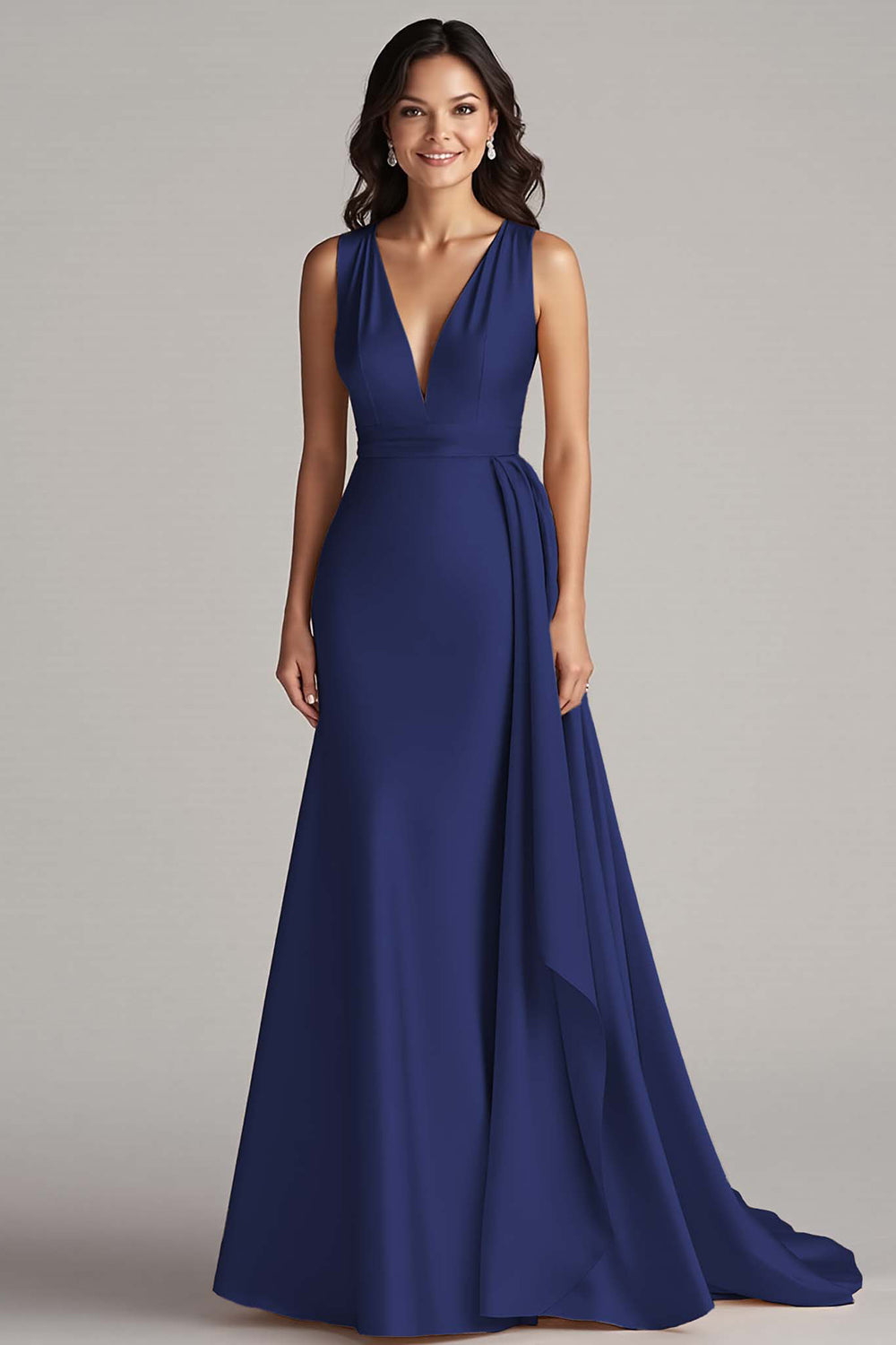 Champagne Satin V-Neck Mermaid Long Formal Dress