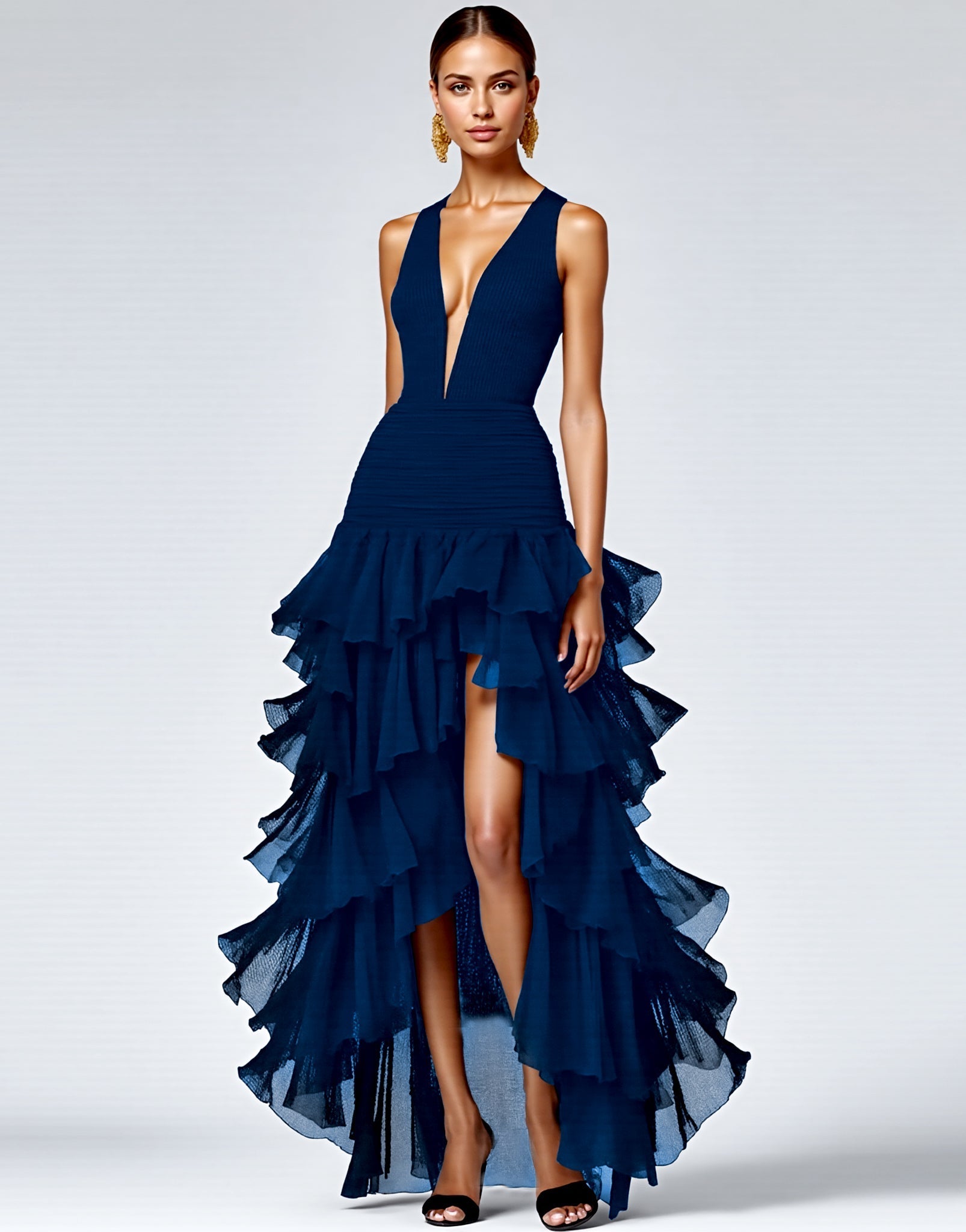Black Deep V-Neck Tiered Long A Line Formal Dress with Slit