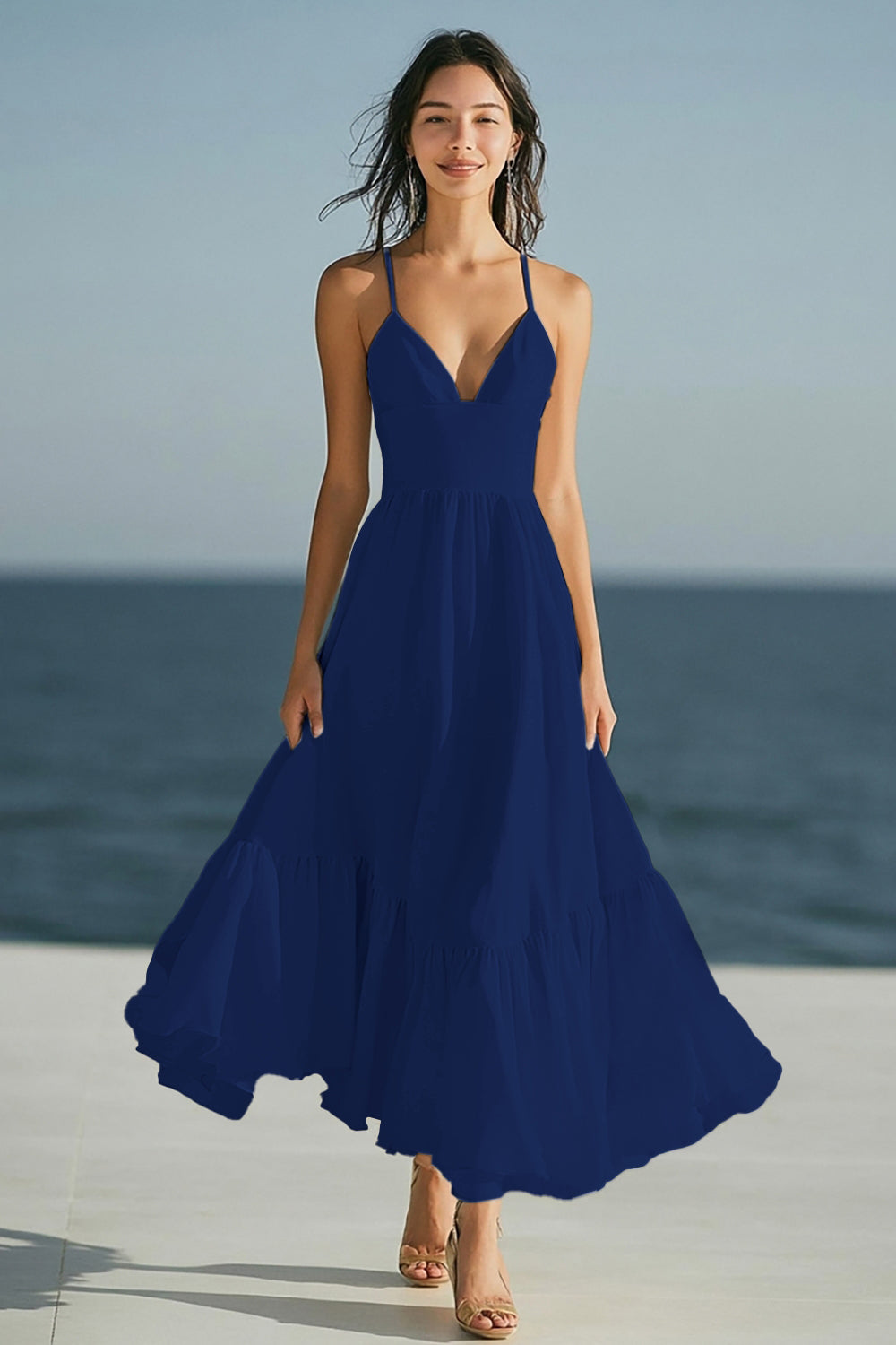 Simple Ivory Spaghetti Straps Beach Maxi Engagement Dress