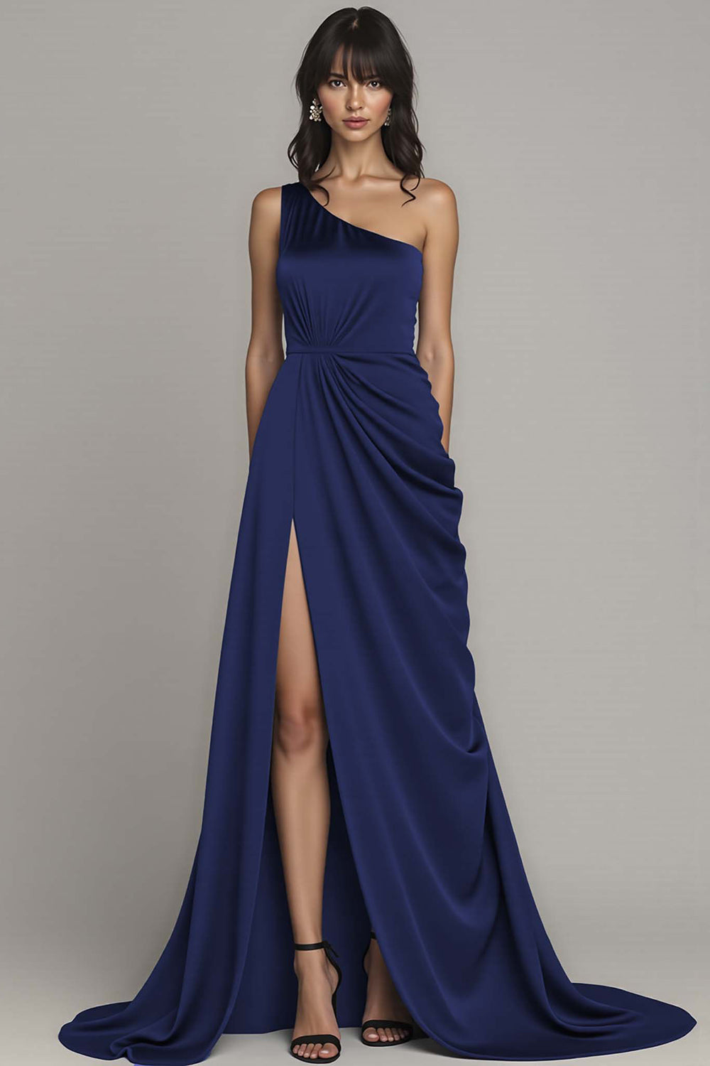 Black Satin One Shoulder A Line Long Formal Dress with Slit