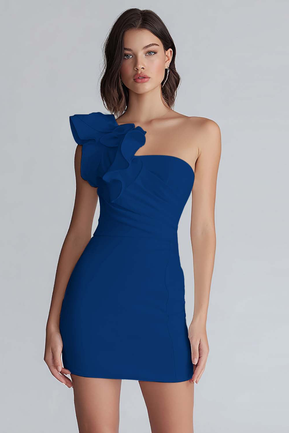 Ivory One Shoulder Satin Short Tight Graduation Dress