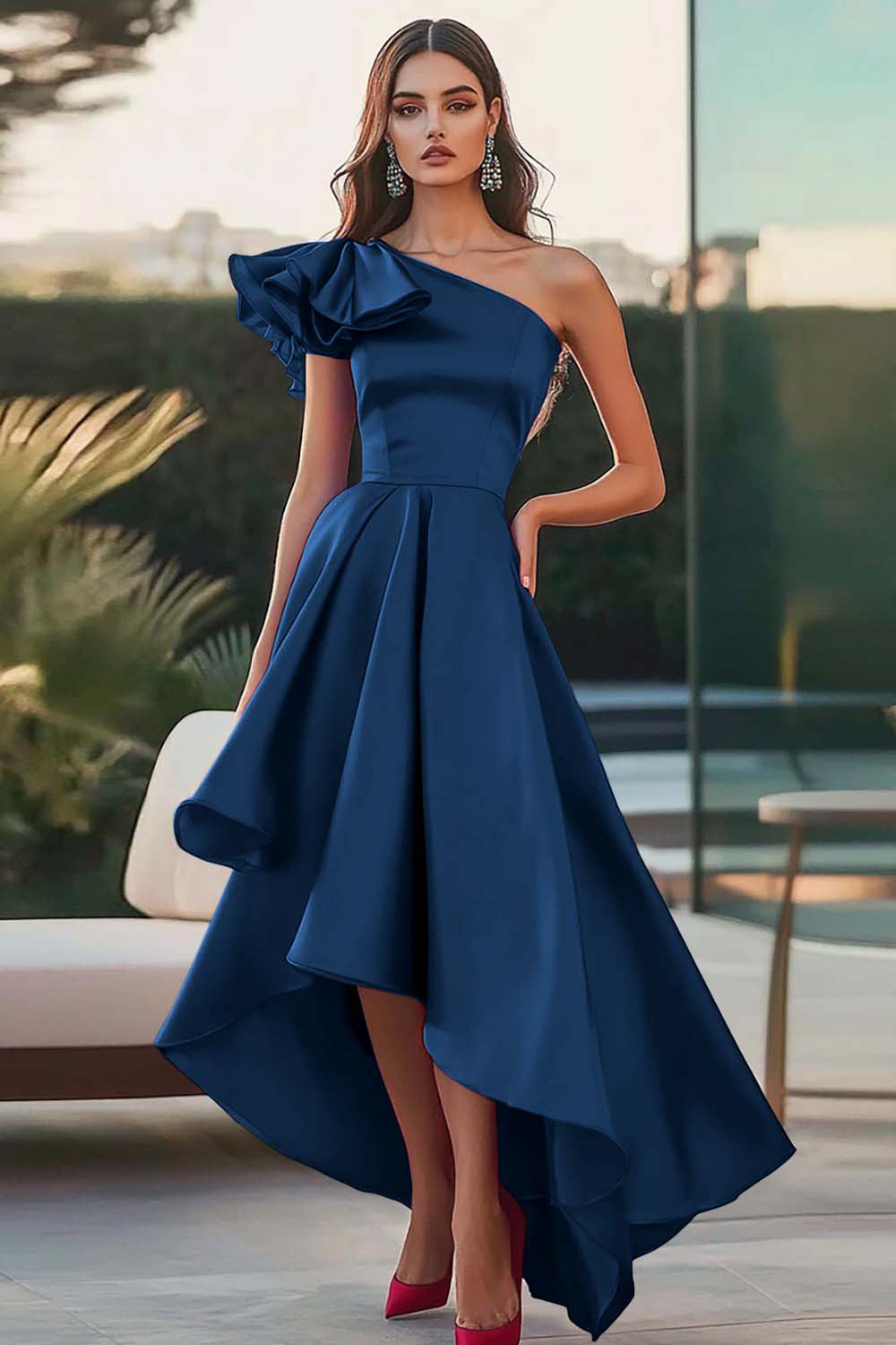 Fuchsia A Line One Shoulder Satin Long Formal Dress