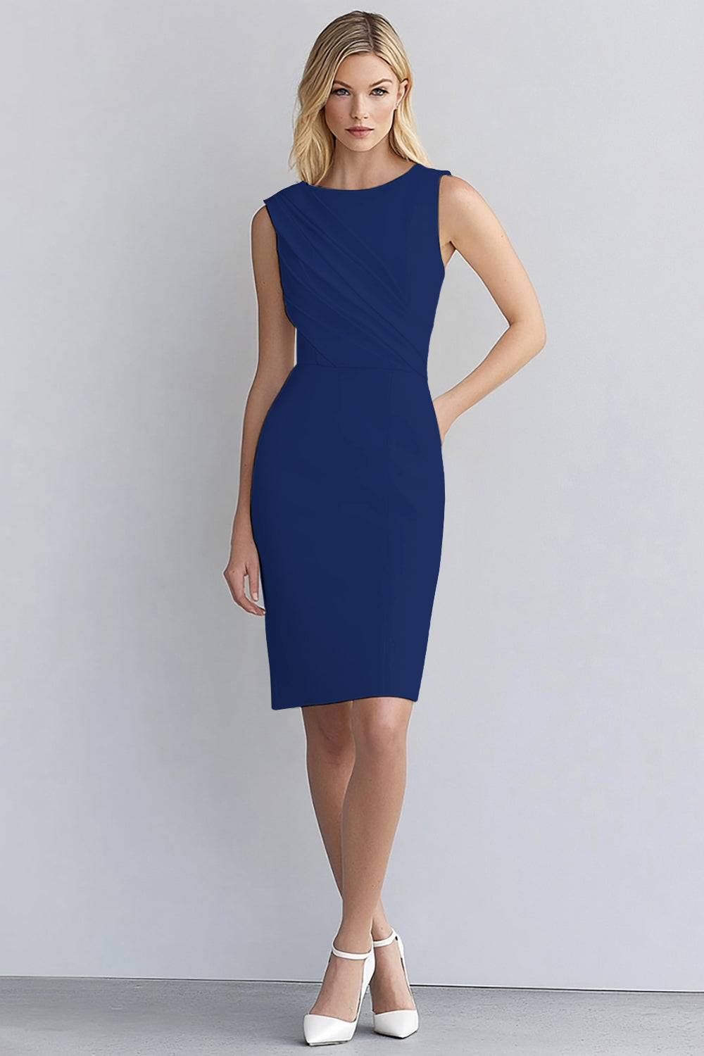 Ivory Bodycon Scoop Neck Sleeveless Ruched Short Work Dress