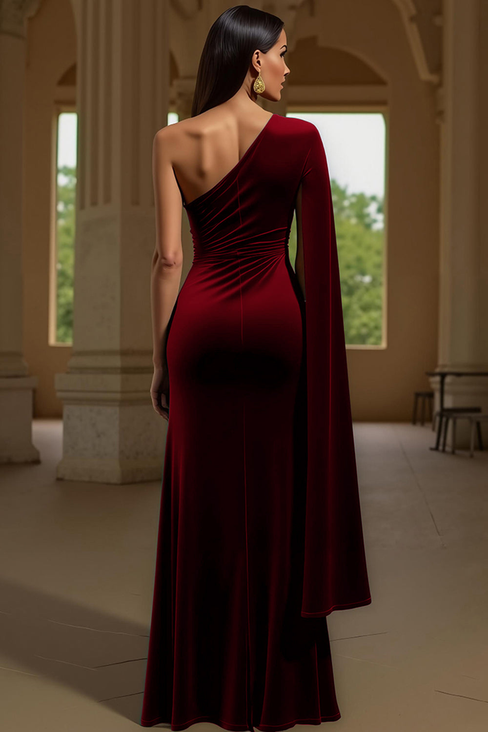Dark Green Sheath Velvet One Shoulder Long Holiday Party Dress with Slit