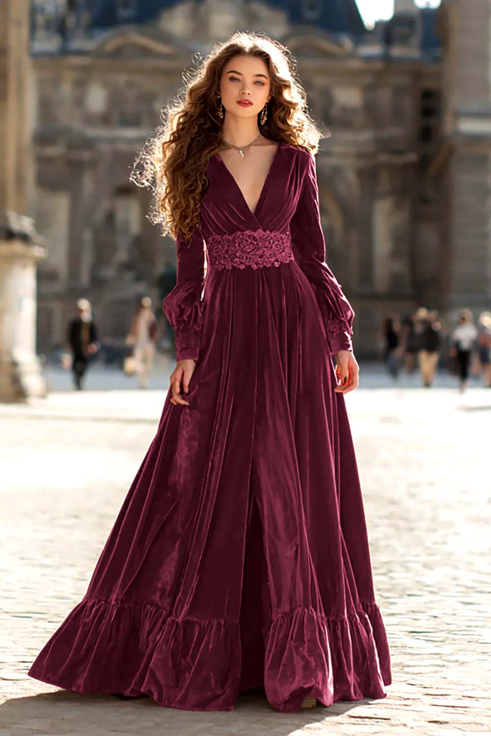 Brown Velvet A Line V-Neck Long Sleeves Formal Dress with Ruffles