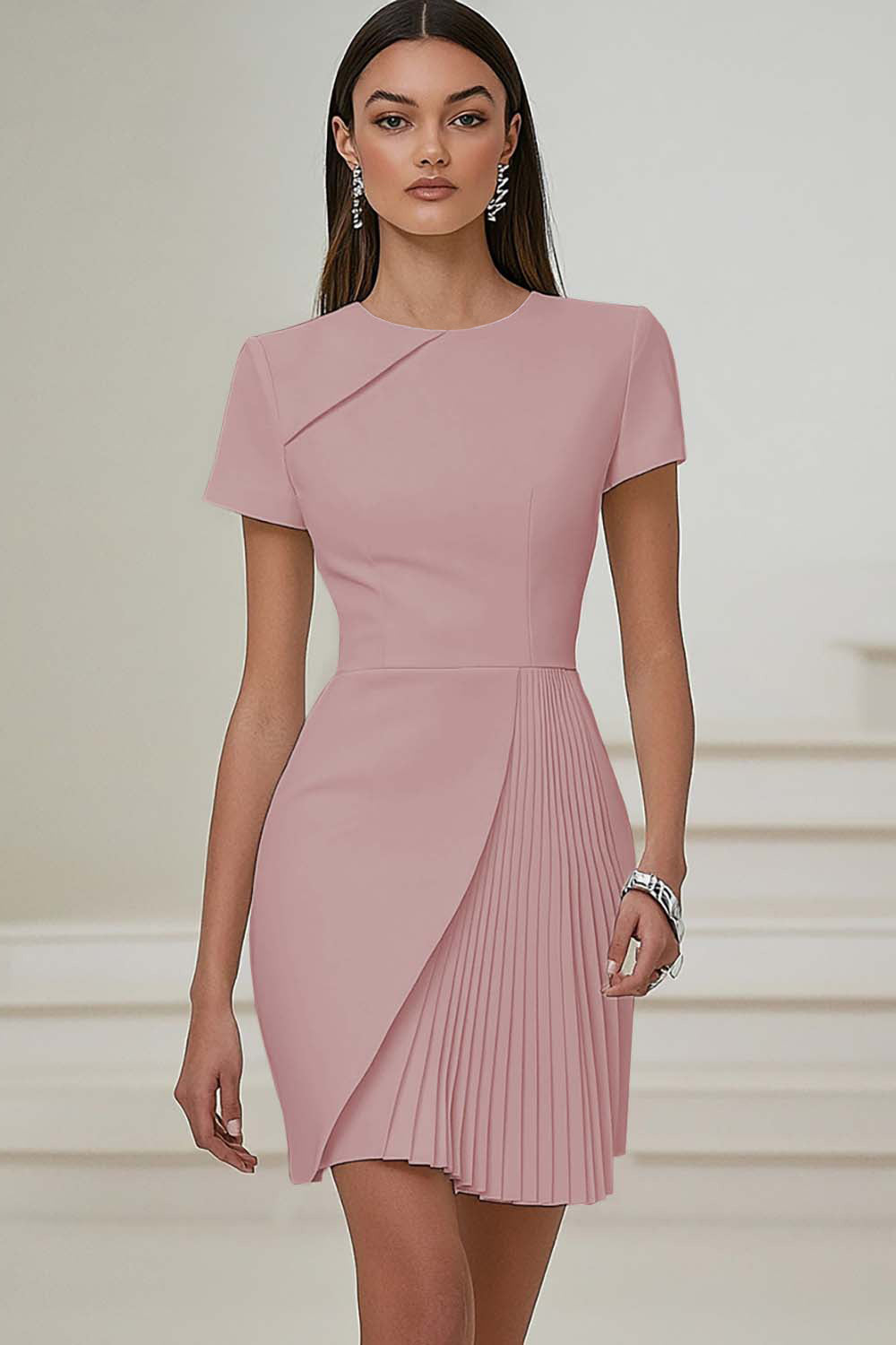 White Bodycon Round Neck Satin Short Sleeve Work Dress