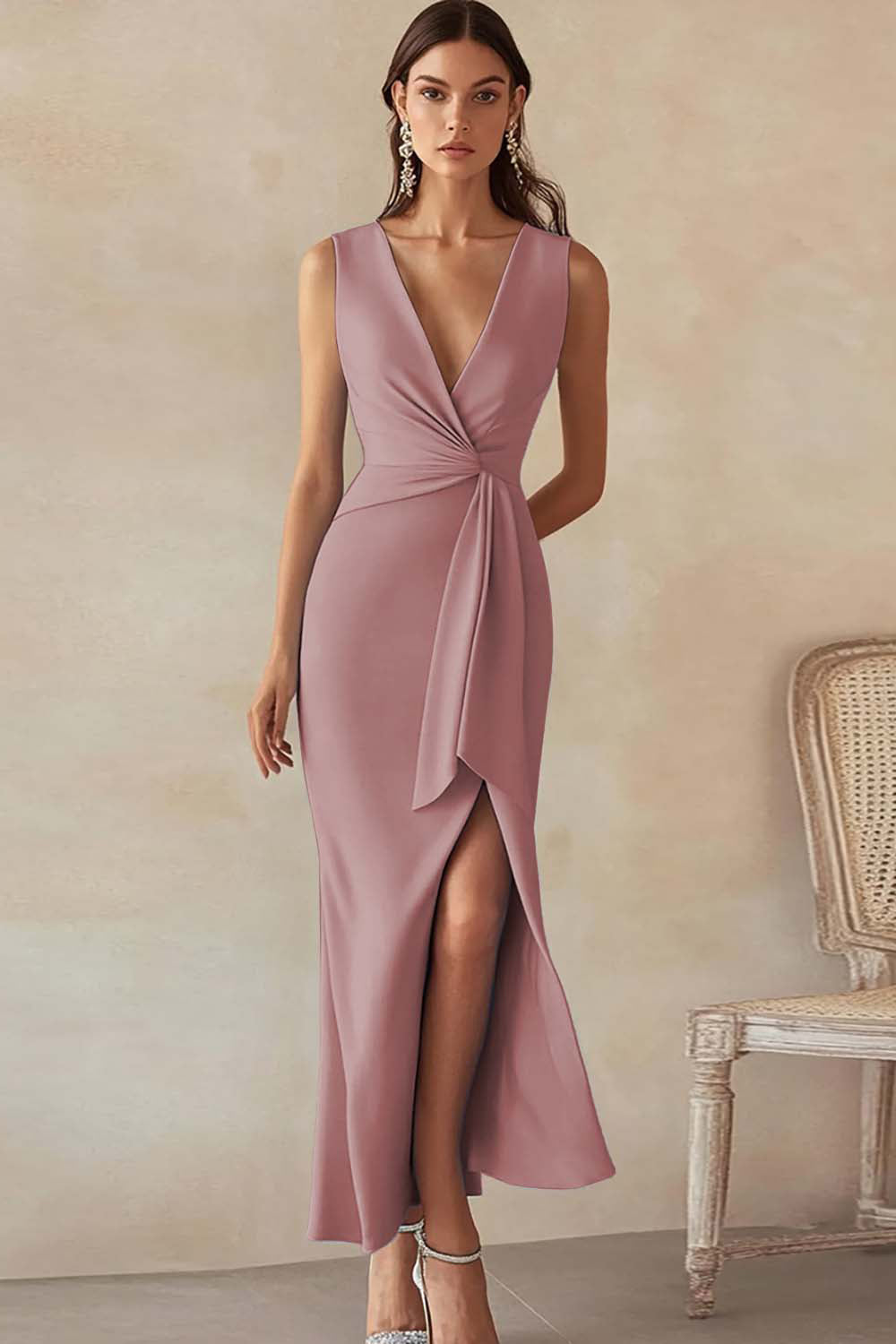 Sky Blue Satin Sheath Deep V-Neck Long Work Dress with Slit