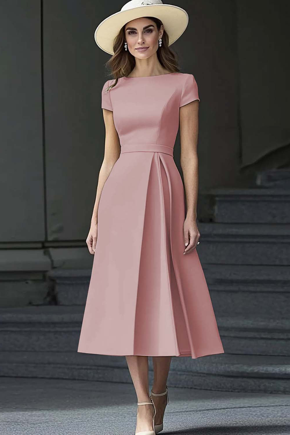 Daffodil Satin Bateau Neck A Line Midi Work Dress with Sleeves