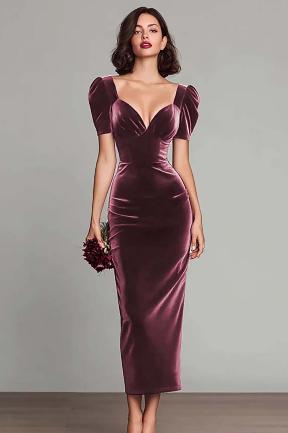 Simple Burgundy Velvet Sheath Long Holiday Party Dress with Sleeves