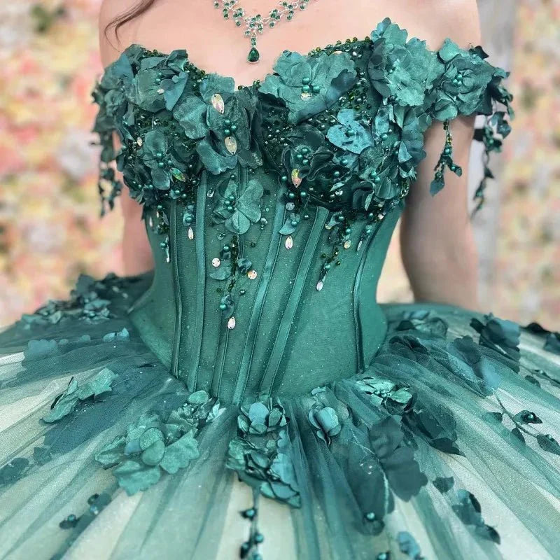 3D Flowers Off Shoulder Tulle Appliques Beaded Quinceanera Dress