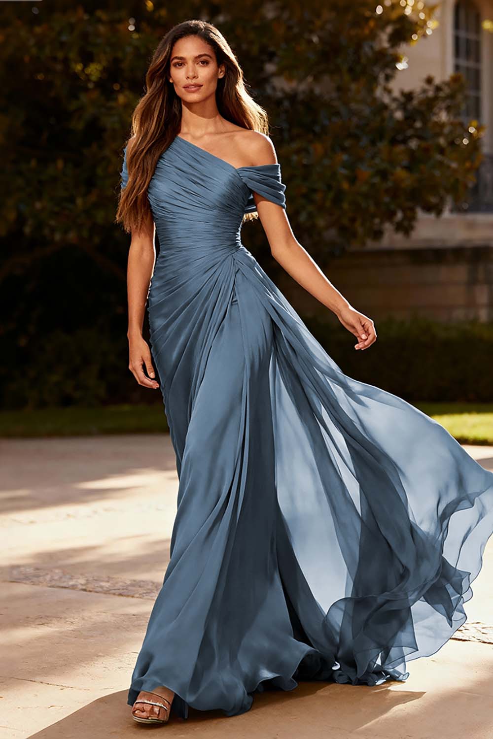 Plus Size Dusty Sage Chiffon A Line Ruched Long Formal Dress with Side Cape