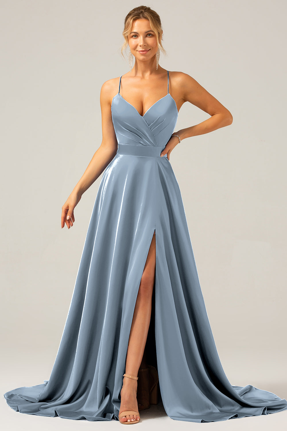 A Line Spaghetti Straps Royal Blue Satin Prom Dress with Slit