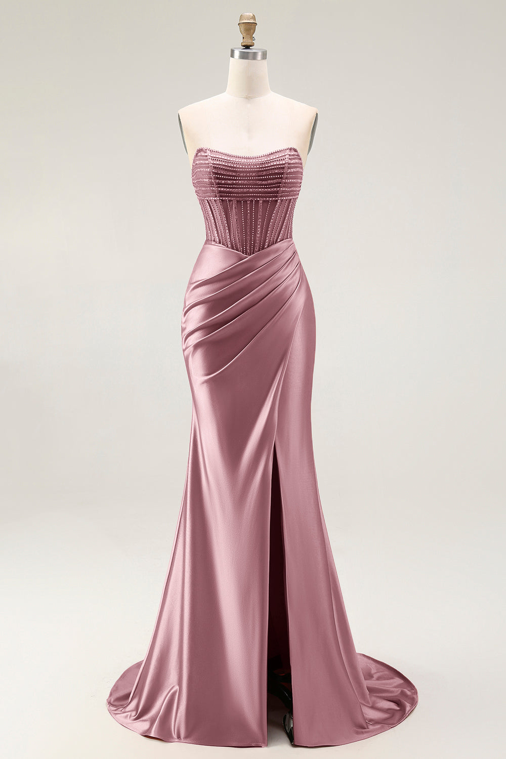 Sparkly Blush Mermaid Strapless Ruched Long Prom Dress with Slit