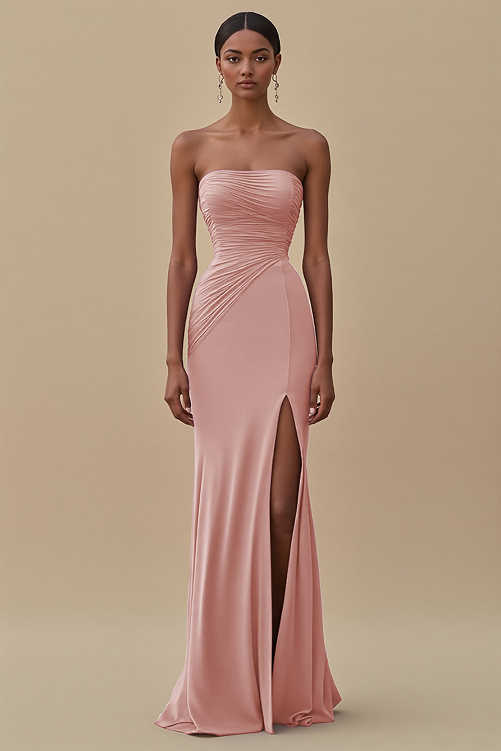 Elegant Black Chiffon Sheath Strapless Ruched Long Formal Dress with Slit