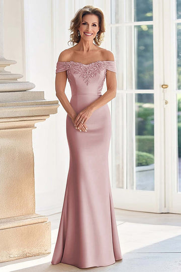 Dusty Rose Satin Mermaid Long Mother of the Bride Dress with Appliques