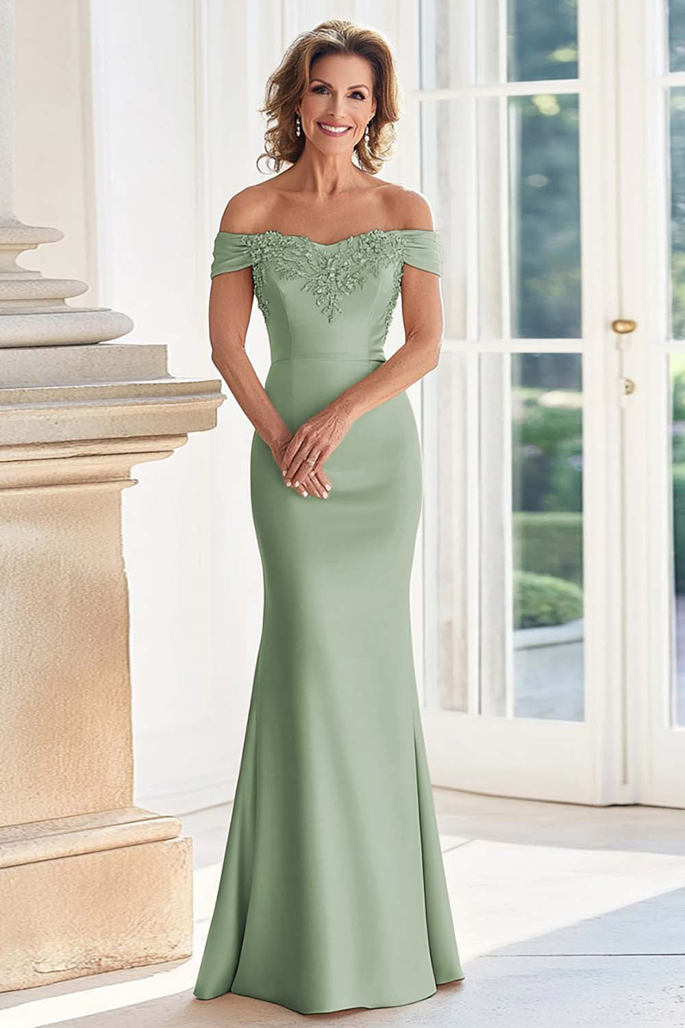 Dusty Rose Satin Mermaid Long Mother of the Bride Dress with Appliques