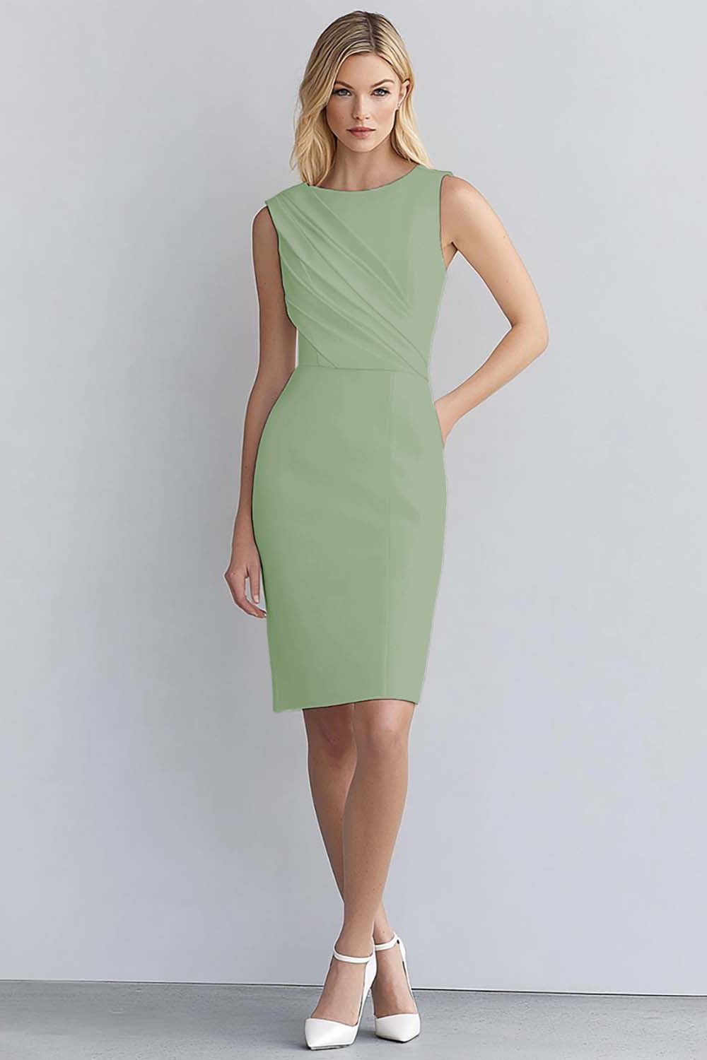 Dusty Blue Bodycon Ruched Scoop Neck Sleeveless Short Work Dress