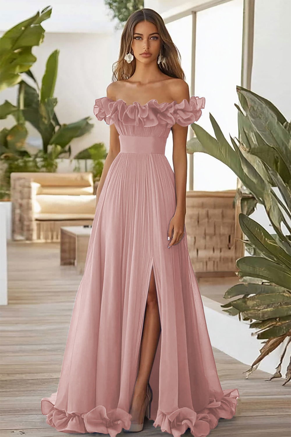 Blue Off the Shoulder A Line Long Formal Dress with Slit