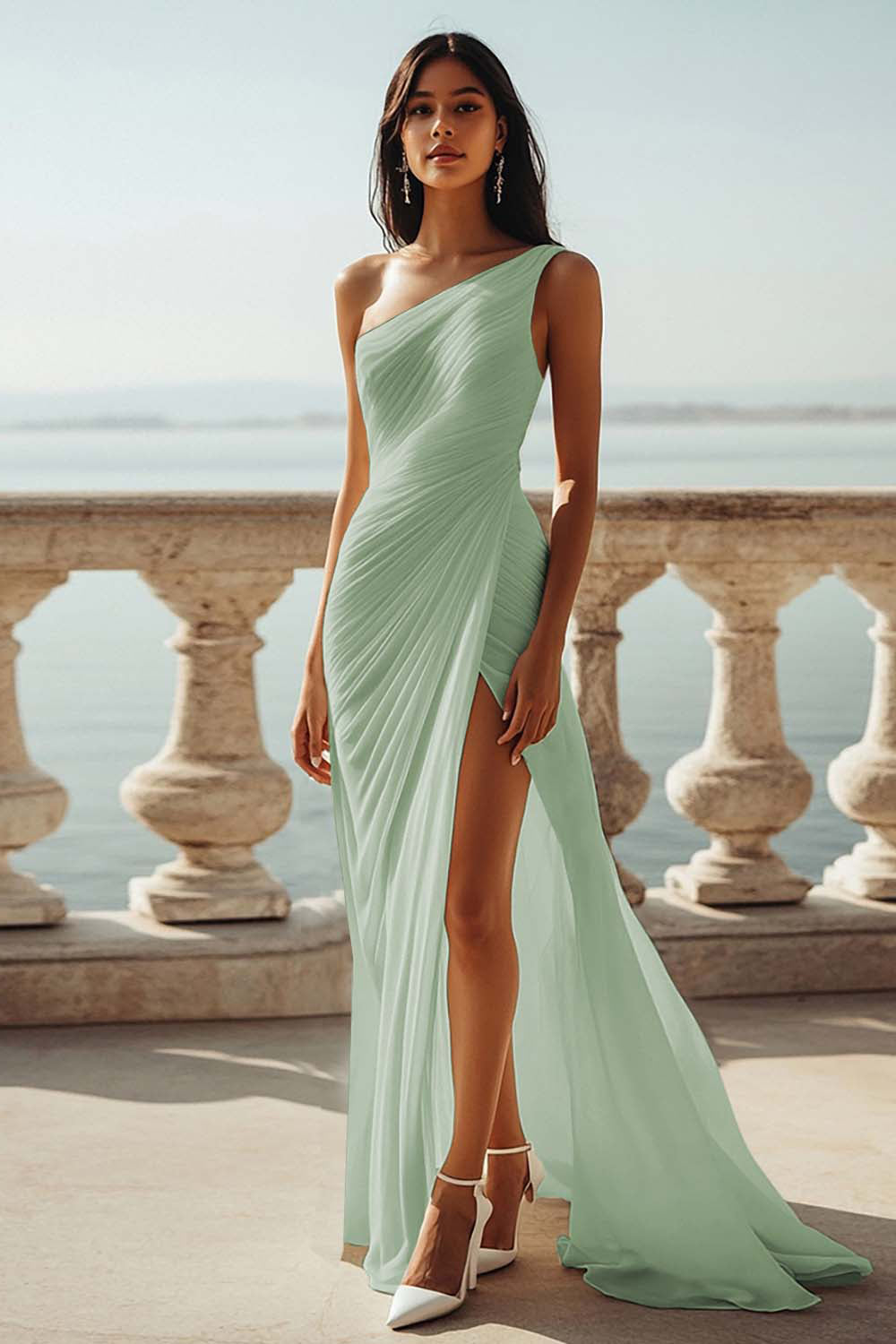 Sky Blue One Shoulder Beach Maxi Formal Dress with Slit