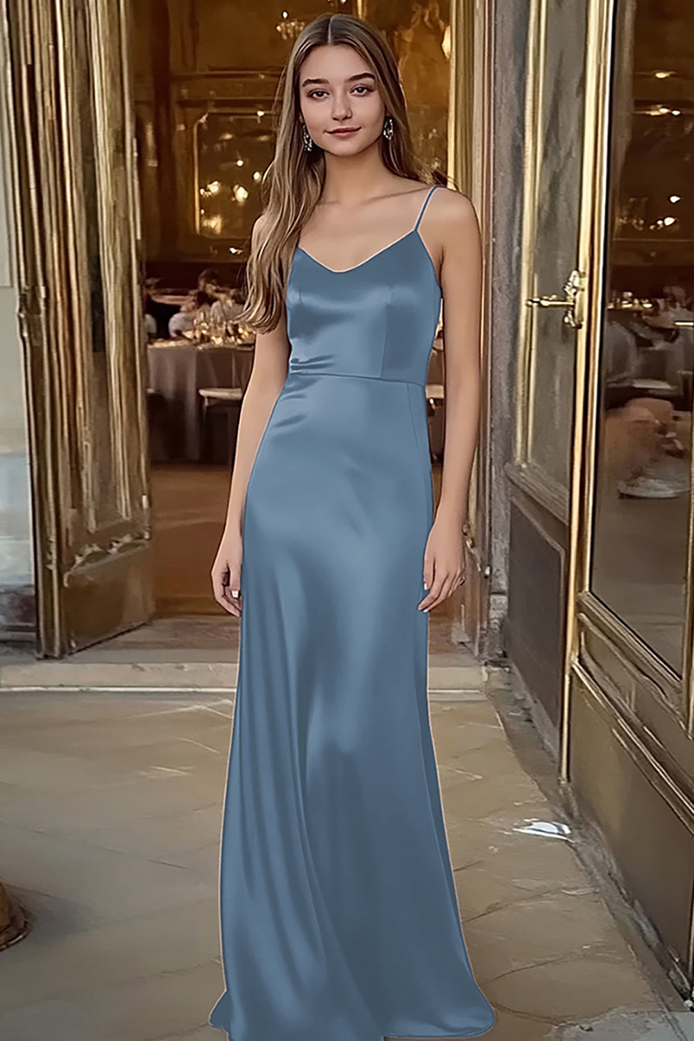 Coffee Sheath Satin Spaghetti Straps Long Formal Dress