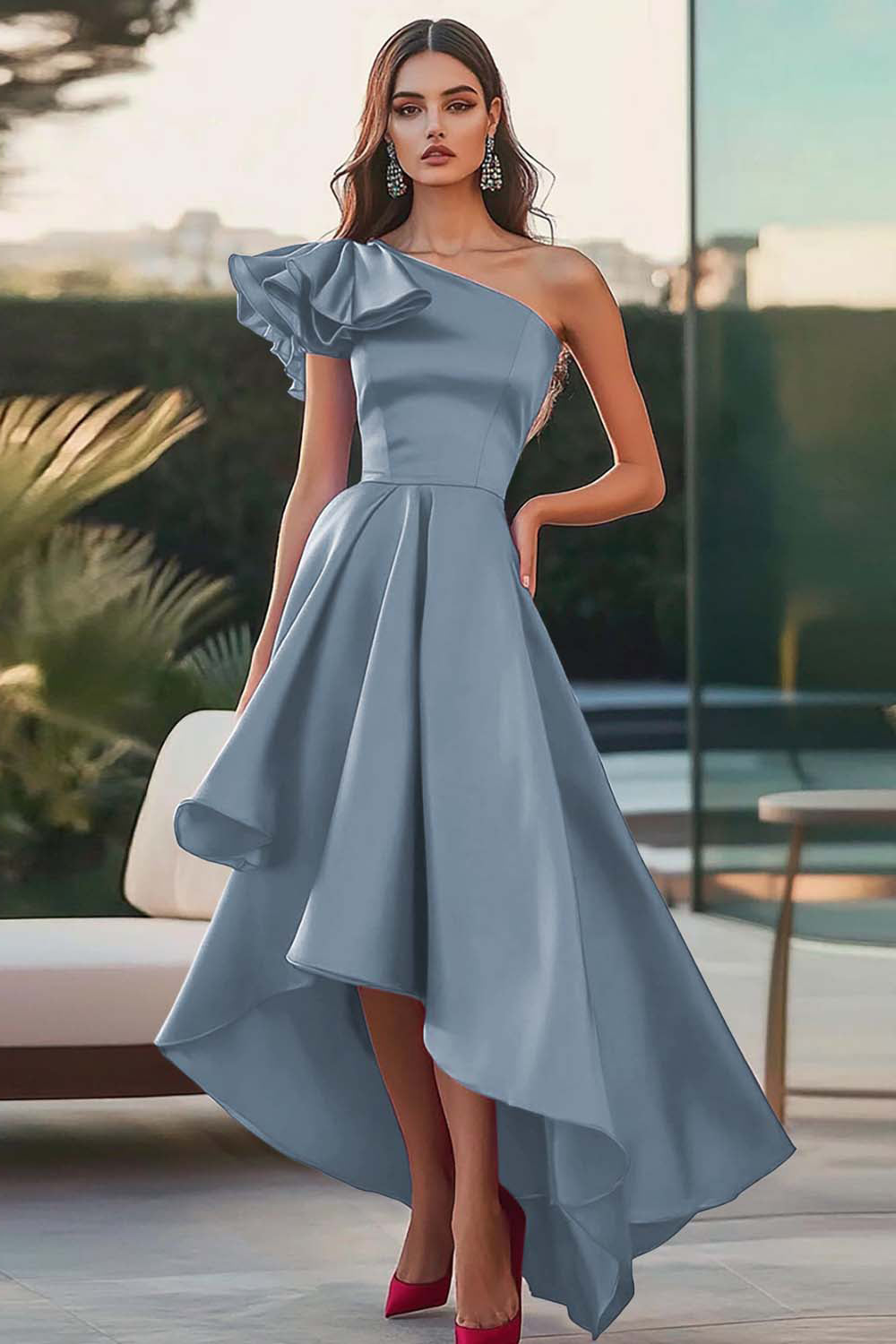 Fuchsia A Line One Shoulder Satin Long Formal Dress