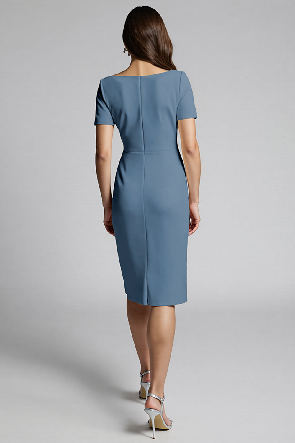 Dusty Blue Bodycon Square Neck Midi Satin Work Dress with Slit