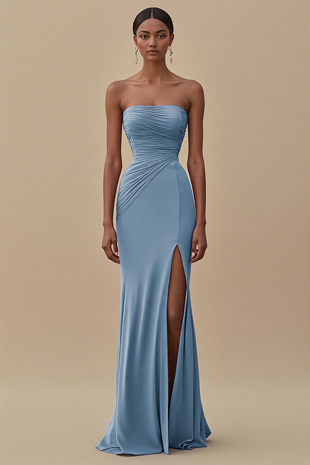 Elegant Black Chiffon Sheath Strapless Ruched Long Formal Dress with Slit