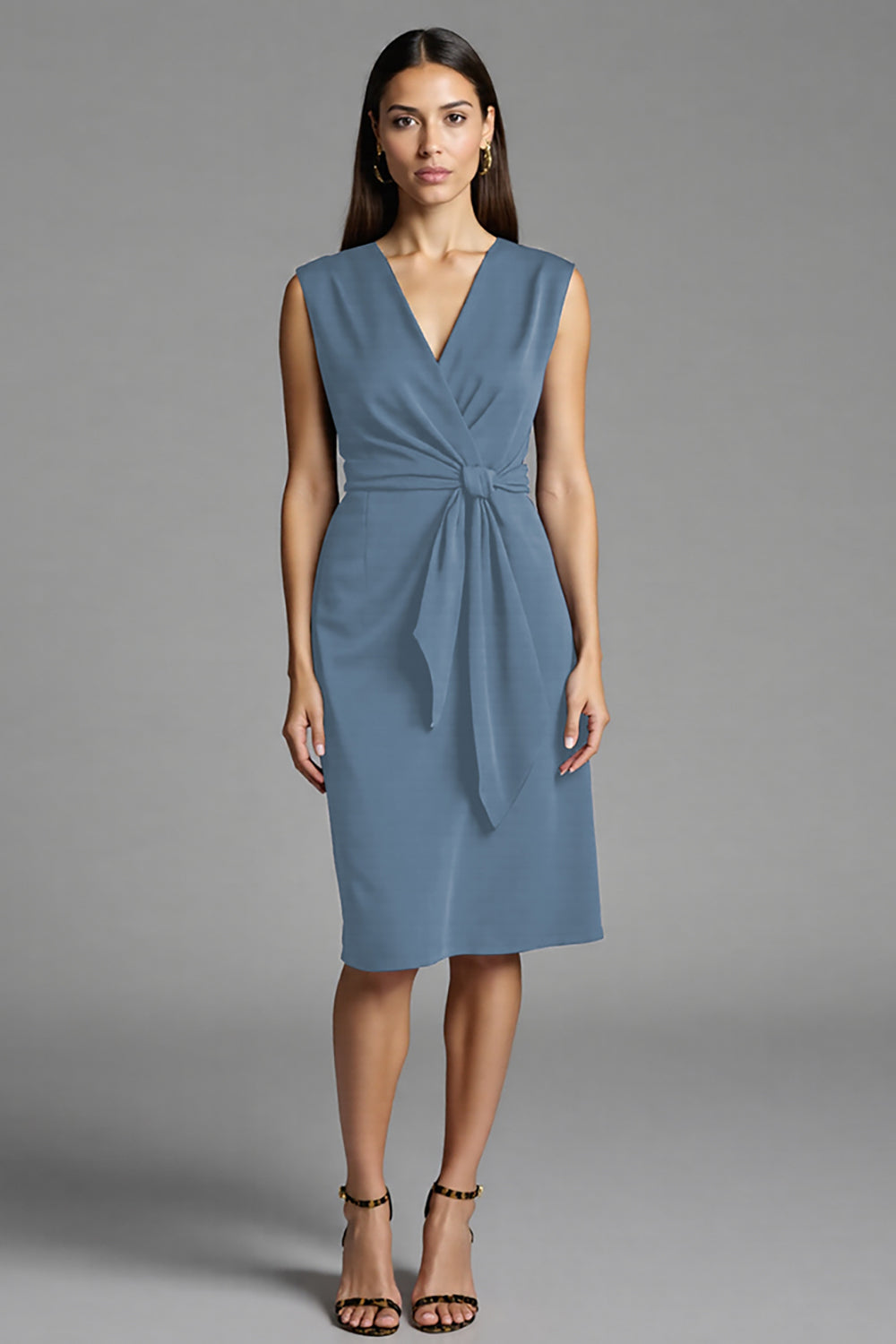 Navy Bodycon Satin V-Neck Ruched Midi Work Dress with Ruffles