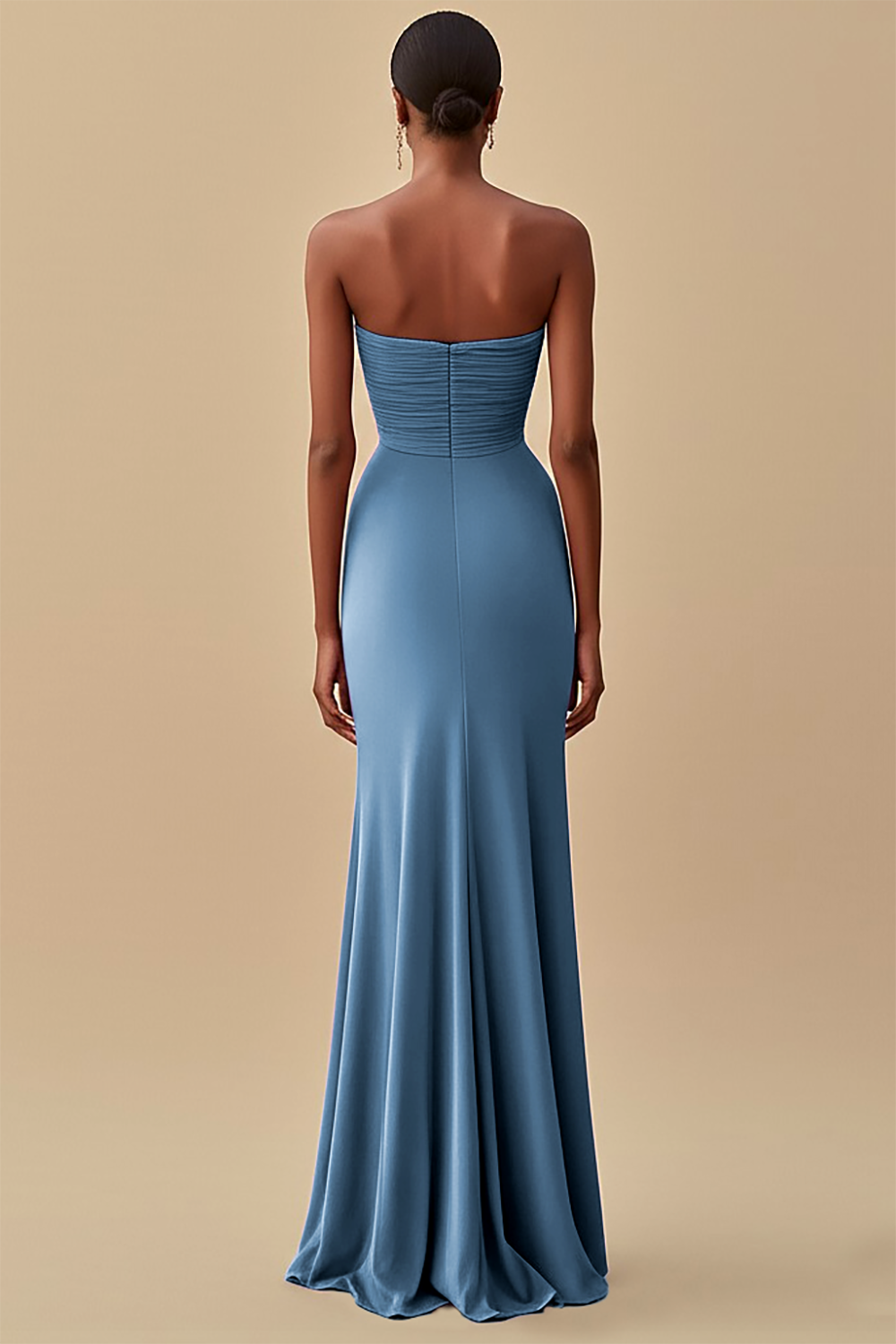 Elegant Black Chiffon Sheath Strapless Ruched Long Formal Dress with Slit
