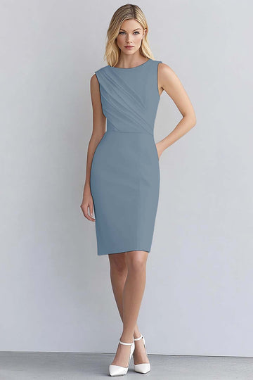 Dusty Blue Bodycon Ruched Scoop Neck Sleeveless Short Work Dress