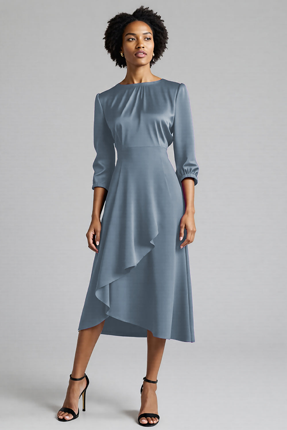 Plum Satin A Line Midi Ruched Work Dress with Half Sleeves