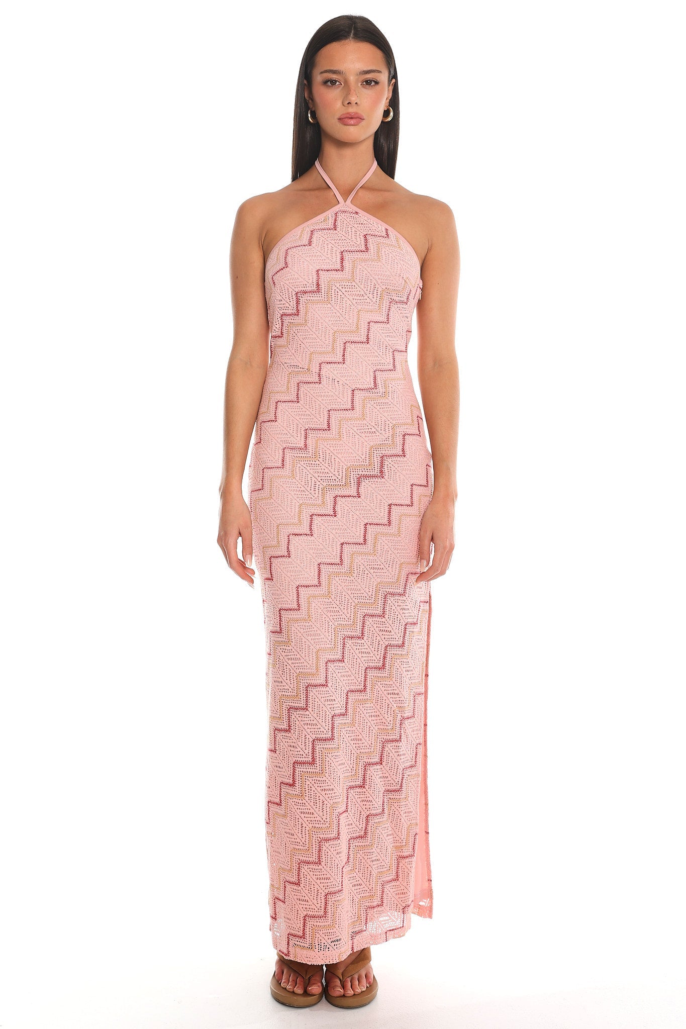 Viana Chevron Crochet Halter Maxi Dress Pink