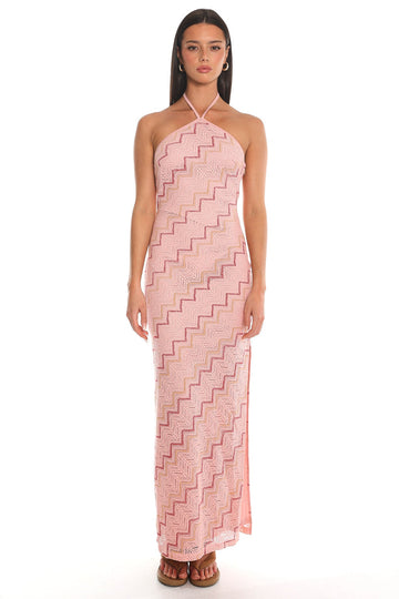 Viana Chevron Crochet Halter Maxi Dress Pink