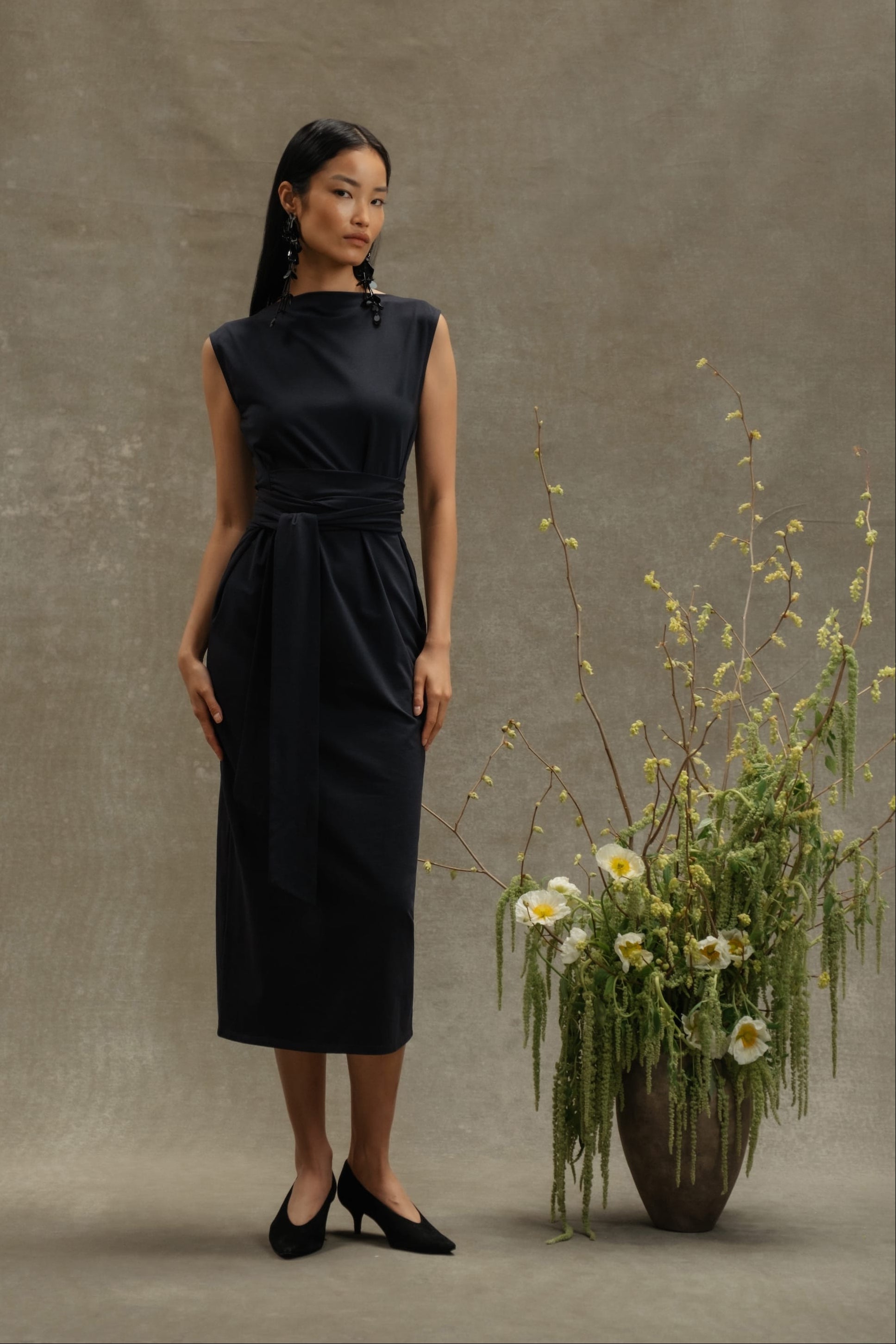Edina Tie-Front Slit-Neck Dress