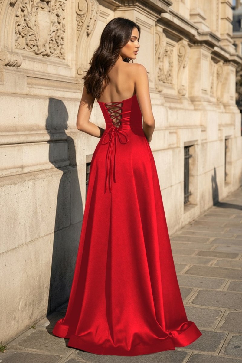 A Line Black Strapless Satin Prom Dresses With Slit