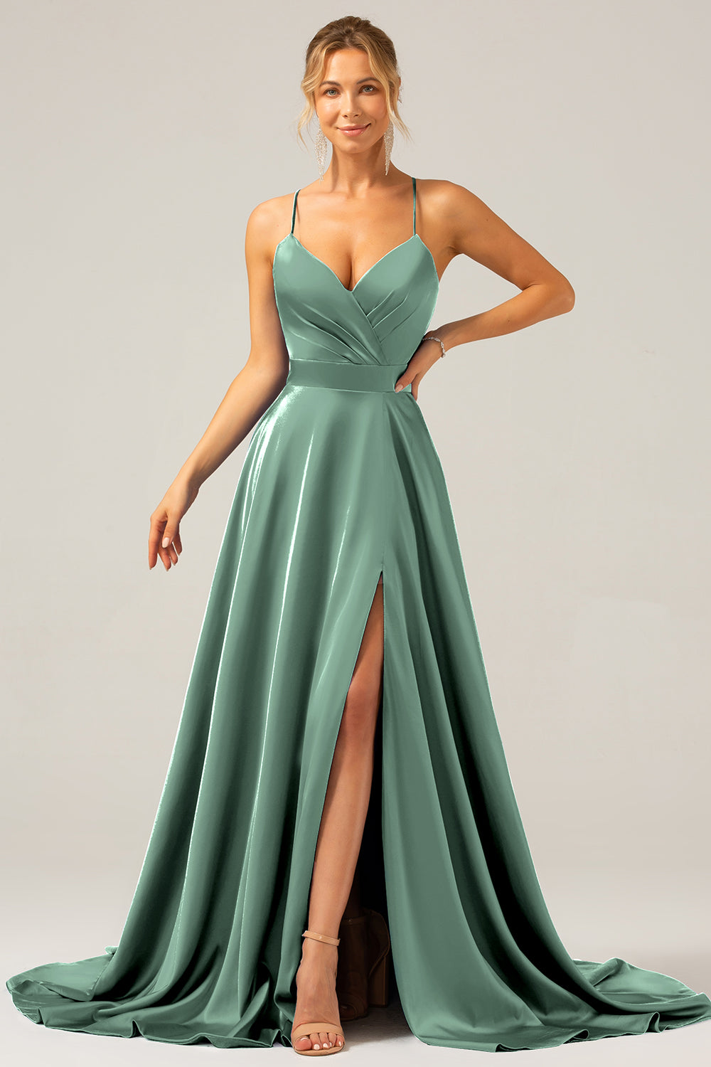 A Line Spaghetti Straps Dusty Rose Satin Prom Dress with Slit