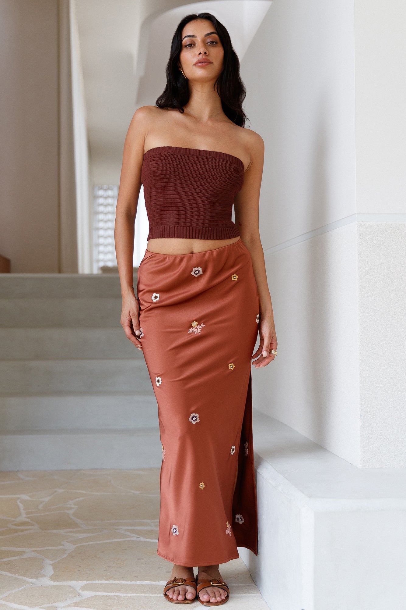Sundown Bloom Midi Skirt Brown