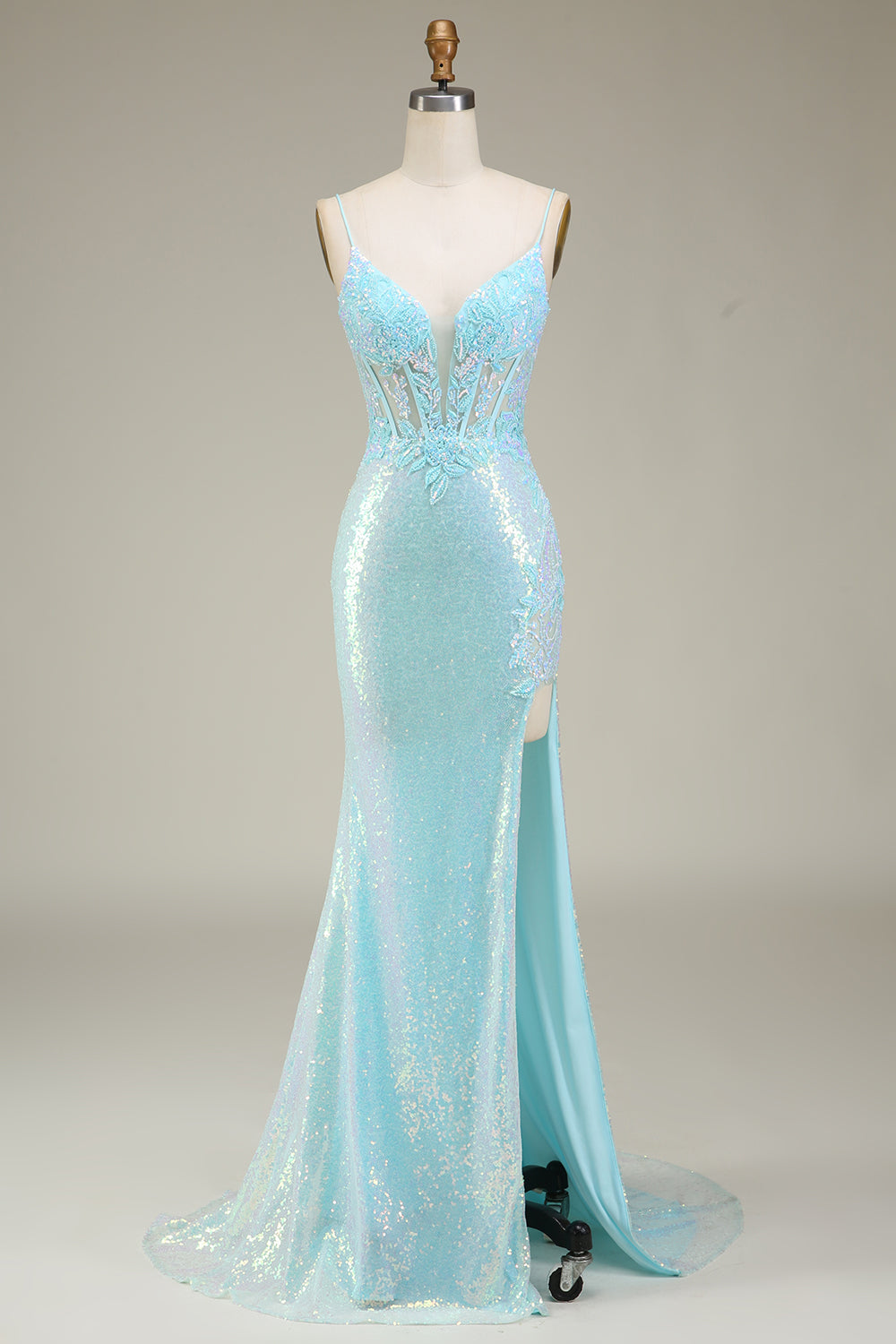 Sparkly Mermaid Spaghetti Straps Light Blue Prom Dress with Slit