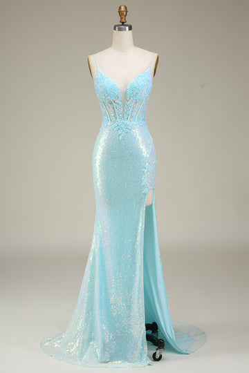 Sparkly Mermaid Spaghetti Straps Light Blue Prom Dress with Slit