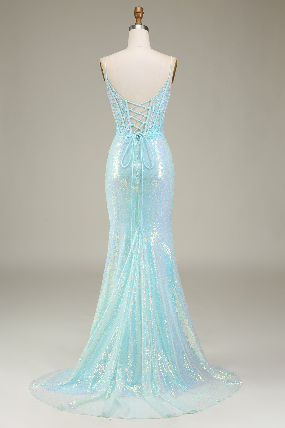Sparkly Mermaid Spaghetti Straps Light Blue Prom Dress with Slit