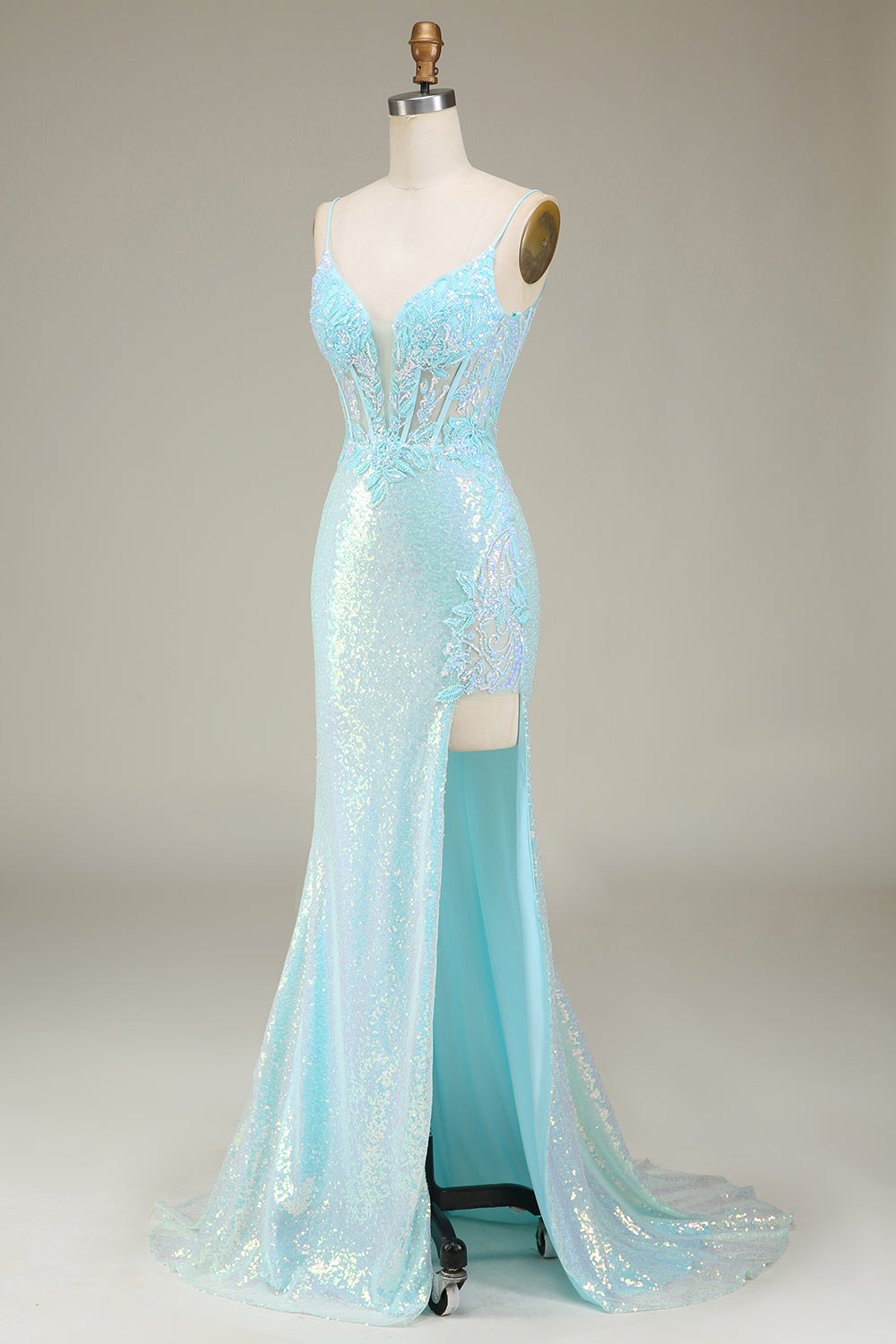 Sparkly Mermaid Spaghetti Straps Light Blue Prom Dress with Slit